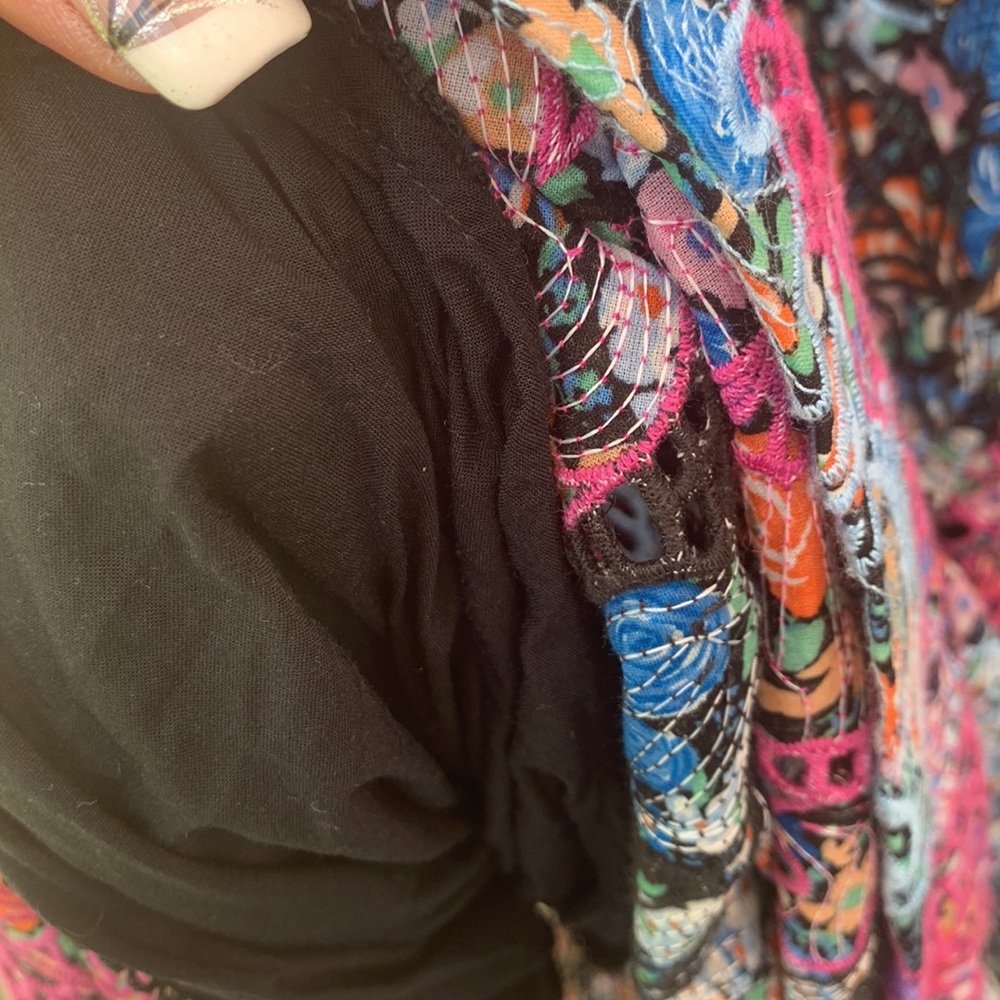 Anthropologie Blue Black Pink Floral Embroidery Ruffle Eyelet Lined Maxi Dress - Picture 13 of 16